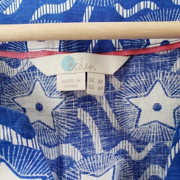 Boden Star Print Blue White 100% Linen Dress Size 4 Petite July 4th Patriotic - Picture 6 of 9